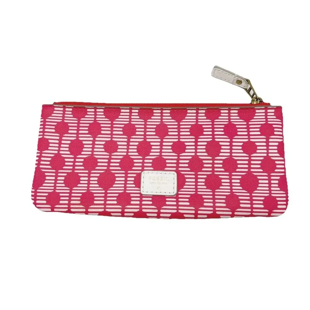 FOSSIL Cosmetic Makeup Coin Pencil Bag Coated Canvas Zip Reddish Pink 9x4